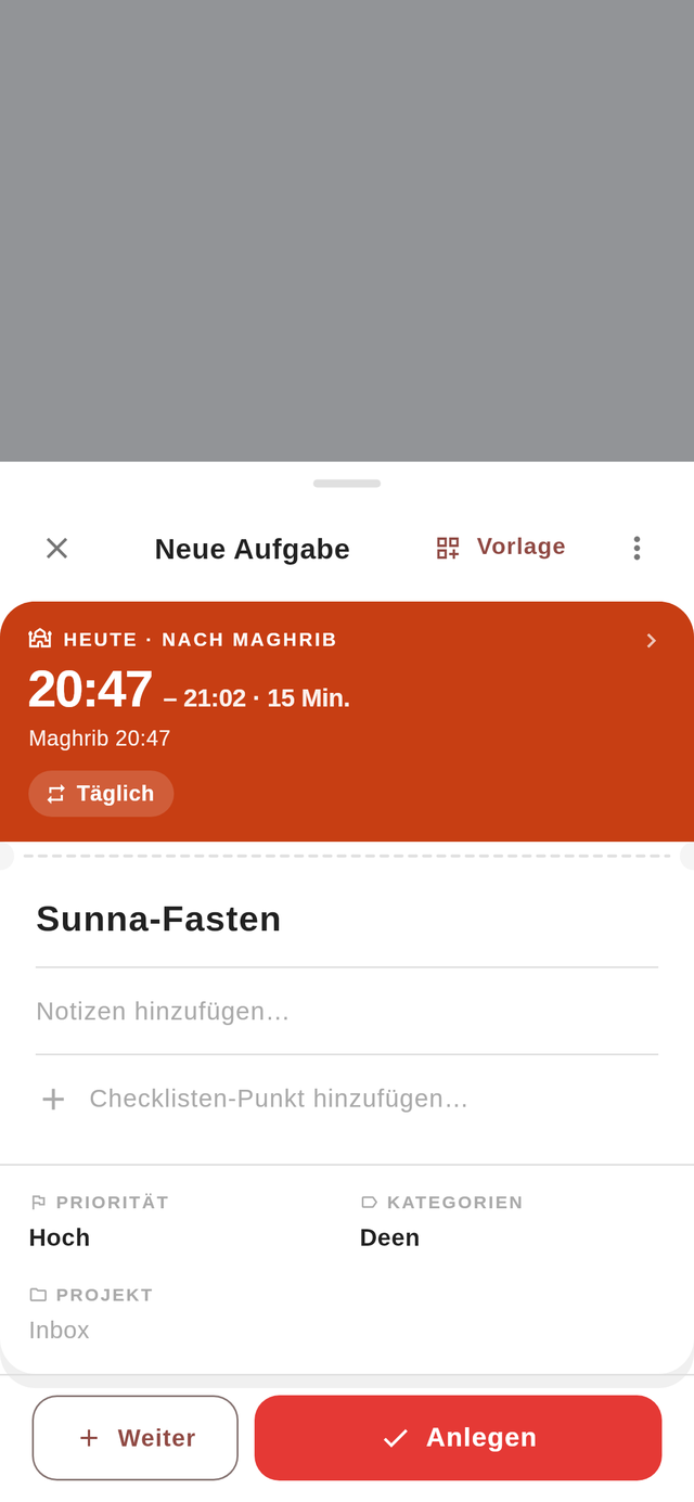 Das Anlege-Blatt von Jadwal: eine neue Aufgabe nach Maghrib, mit Dauer, Priorität und Kategorie.