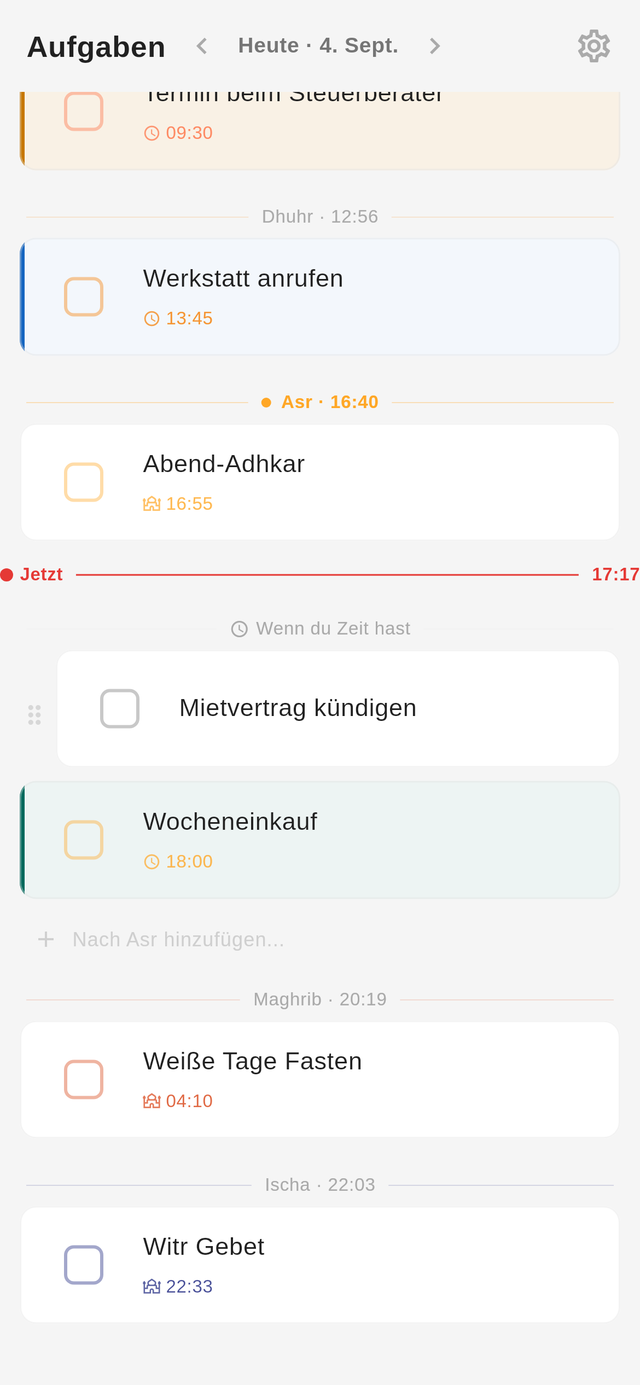 Die Heute-Seite von Jadwal: Aufgaben liegen zwischen den Gebetszeiten Fadschr, Dhuhr, Asr, Maghrib und Ischa.