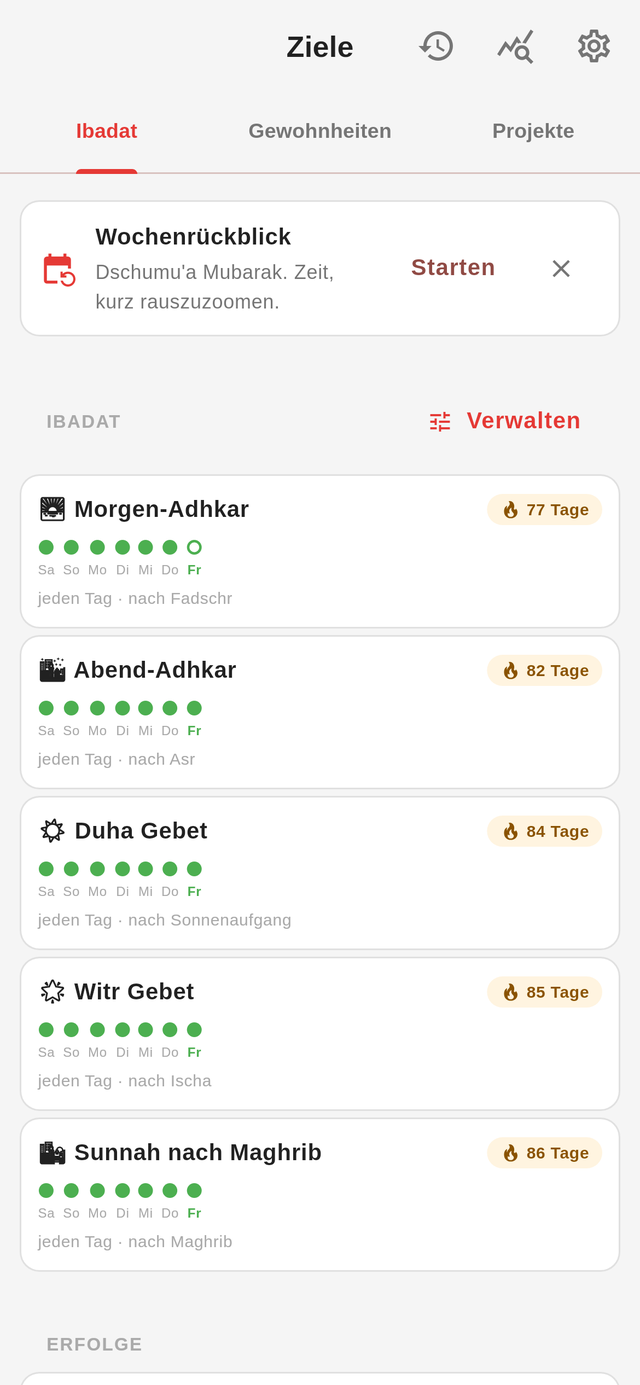 Die Ziele-Seite von Jadwal mit Ibadat, Serien und dem Monatsraster.